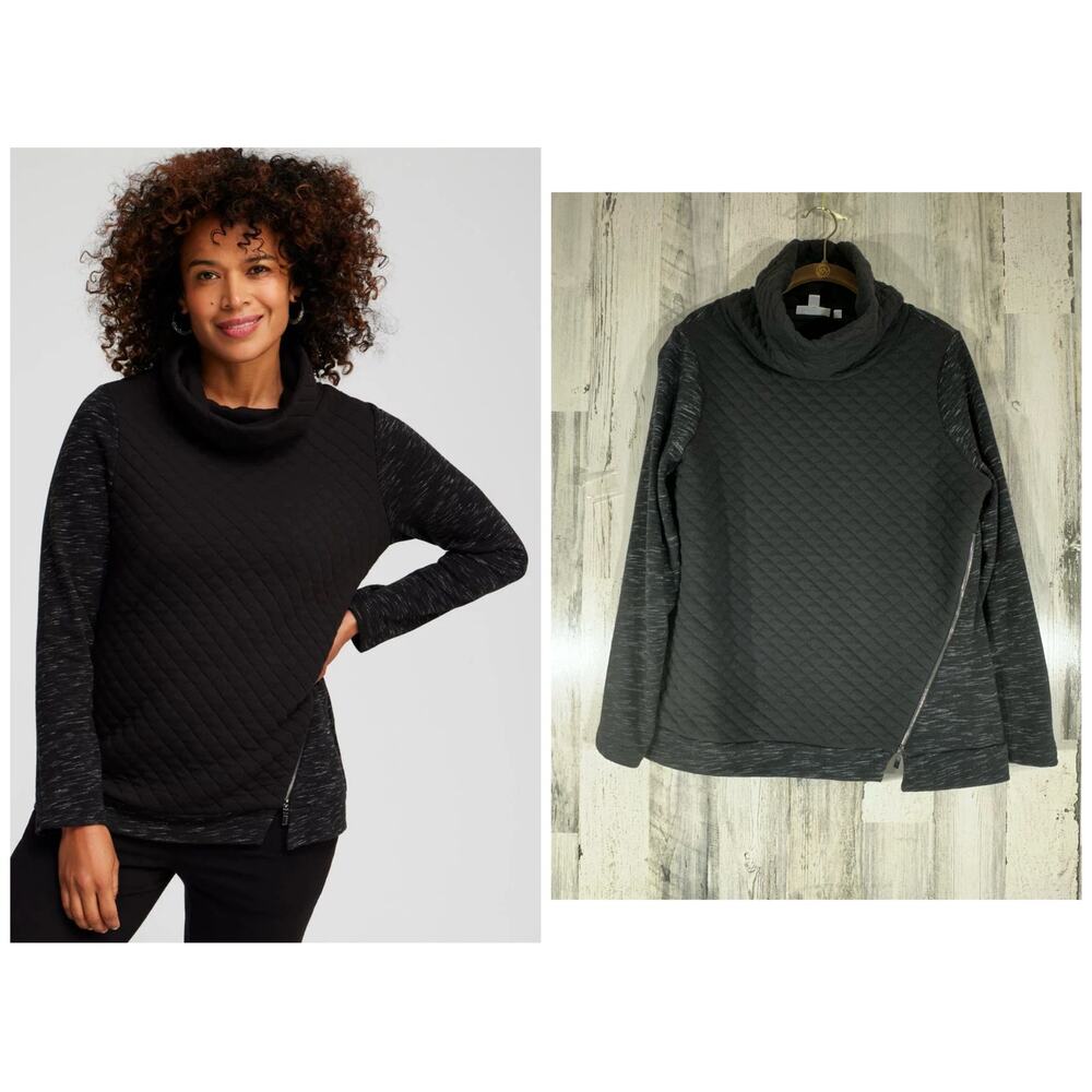 Chicos Zenergy Top Size 1 Medium French Terry Cowl Neck Black Space Dye Zipper